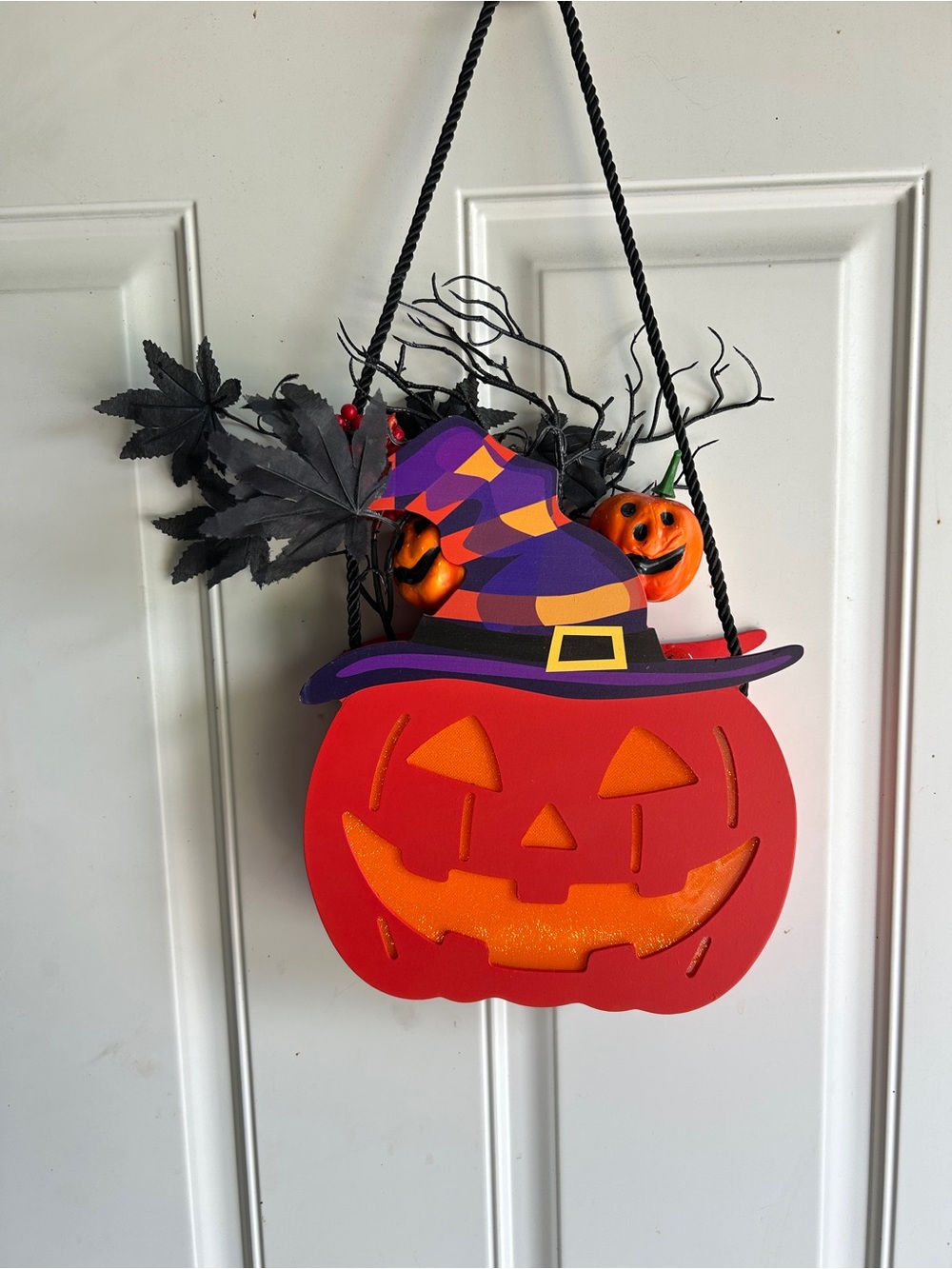Whimsical Halloween Jack-O'-Lantern Door Hanging - Red and Purple